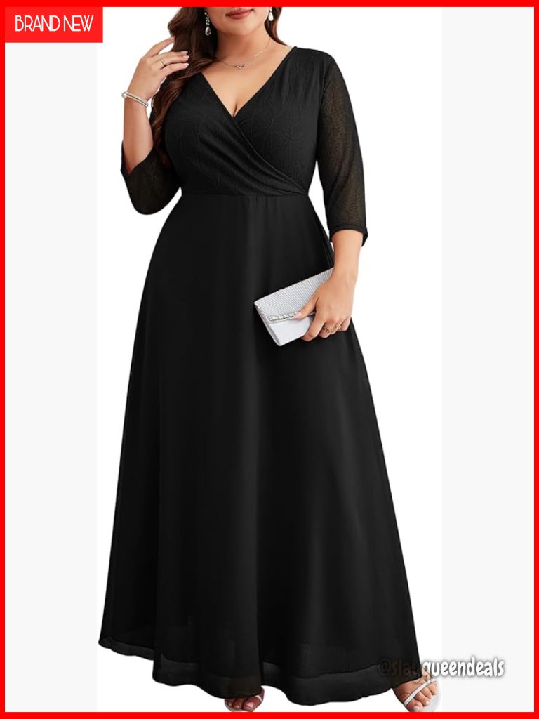 Plus Size Maxi Formal Dress Lace Chiffon V-Neck Wrap Wedding Guest Evening Gown